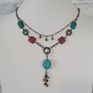 Vintage Tres Jolie Turquoise Pewter Stone Drop Necklace Boho Luxury Jewelry